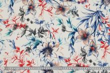 Šatovka 22249 biela, modročervené kvety a listy, š.140