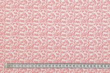 Bavlněné plátno bílé, růžové větvičky s ptáčky, š.140