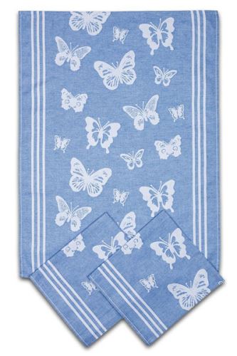 Utěrky bavlněné modré, bílý motýlci a proužky, 50x70cm, 3ks