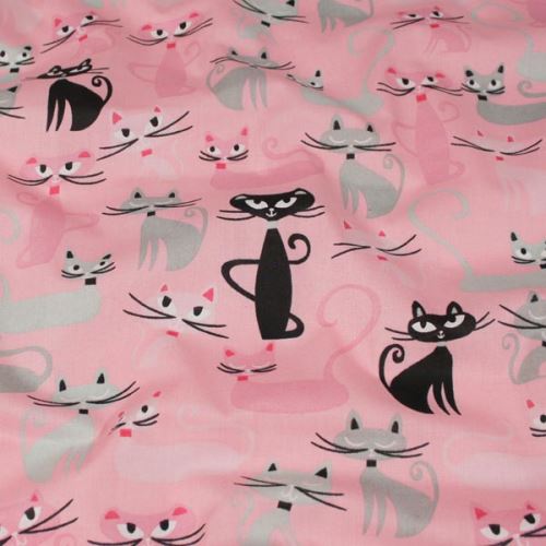 Bavlnené plátno ružové, šedo-čierne mačky, š.140