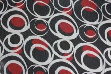 Šifon černý, červeno-bílé kruhy, š.145
