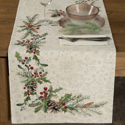 Gobelínový behúň s ženilkovou niťou - vianočný motív so šiškami, 40 x 100 cm