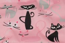 Bavlněné plátno růžové, šedo-černé kočky, š.140
