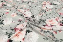 Šatovka SILKY šedá, růžové květy, š.145