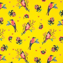 Teplákovina nepočesaná žlutá, ptáci mezi květy, š.150