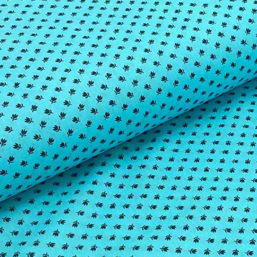 Bavlnené plátno P0509 aqua, čierne kytky, š.140