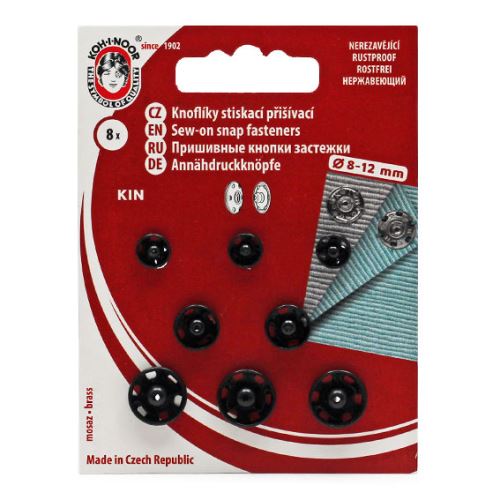Gombíky stláčacie našívacie KIN Ms assorti 8, 10, 12mm (v.1 / 2, 2,4), čierne, 8ks