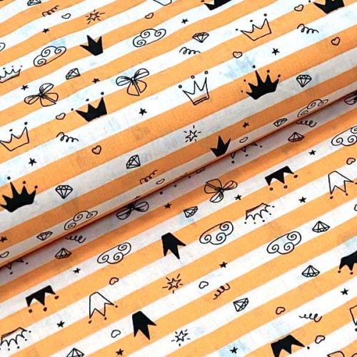 Bavlnené plátno P0641 bielo-oranžové pruhy, čierny vzor, š.140