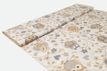 Bavlnené plátno smotanové, béžovo-sivé sovy, š.160
