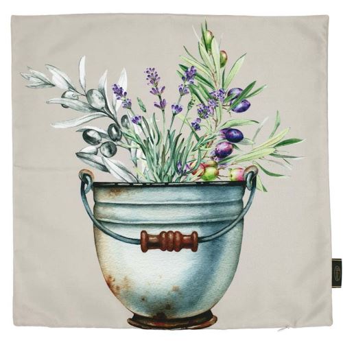 Obliečka na vankúš 45x45 cm - kvetináč s levanduľou a olivami
