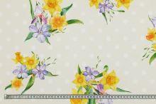 Dekorační látka světle béžová, bílé puntíky, jarní květy, š.150