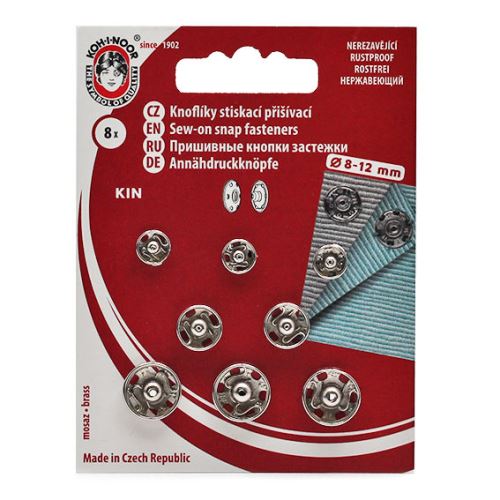 Gombíky stláčacie našívacie KIN Ms assorti 8, 10, 12mm (v.1 / 2, 2,4), strieborné, 8ks