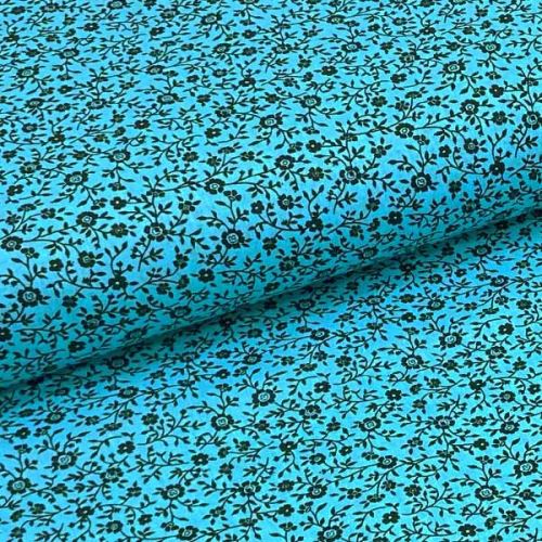 Bavlnené plátno P0461 aqua, čierny drobný kvetinový vzor, š.140