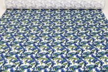 Bavlna biela, modré kvety a zelené listy, š.145