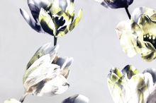 Dimout světle šedý, žluté a fialové květy, š.150