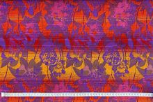 Žakárová šatovka fialová, barevné pruhy a květy, š.135