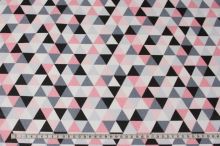 Bavlnené plátno, ružové, biele, čierne a šedé trojuholníky, š.160