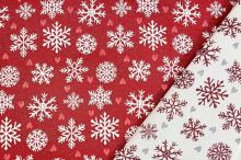 Vánoční dekorační látka červená, bílé vločky, š.280