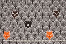 Flanel šedý, hnedé stromy, líšky a medvede, š.160