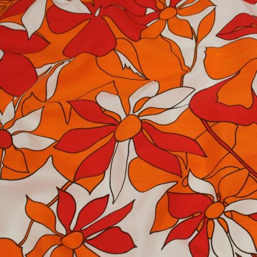 Bavlna bílá, oranžovočervený květ š.140