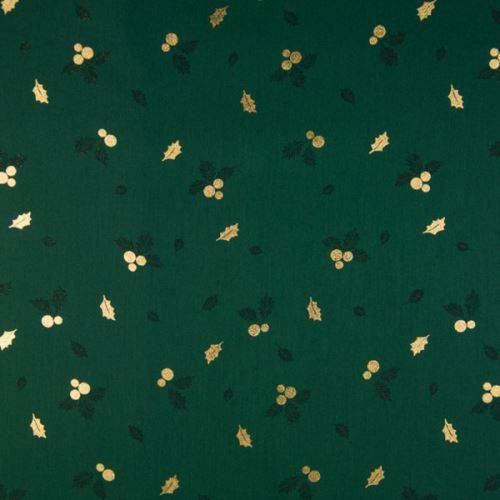 Vánoční popelín zelený, zlatý vzor, š.145