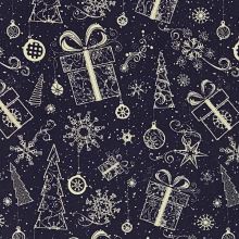 Vánoční plátno modré, bílé stromy, dárky, ozdoby, š.140