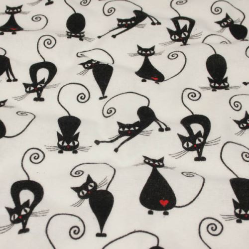 Flanel biely, čierne mačky, š.160