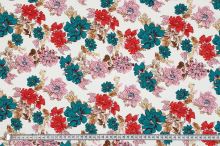 Ľanová zmesová tkanina biela, červené, ružové a tyrkys kvety, š.140