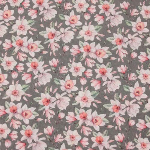 Dekorační látka šedá, růžové květy, š.140